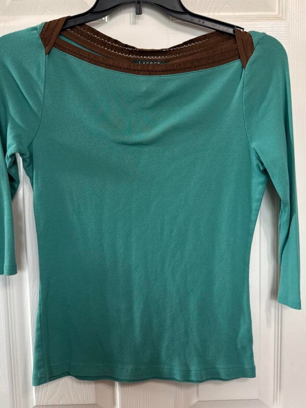 Ralph Lauren teal quarter sleeve top with brown trim